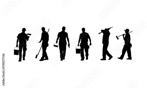 Silhouettes of professional construction workers with paint rollers, buckets, tools, walking, standing, home renovation, painting work, manual labor, handyman equipment, painting contractors