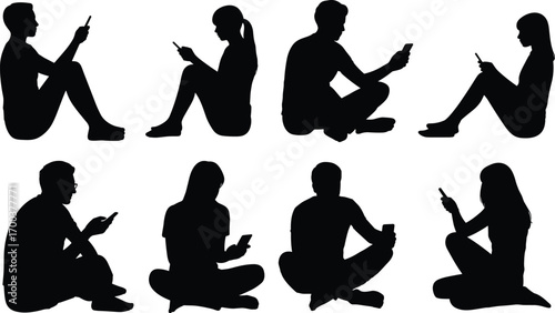 Silhouettes of people using smartphones, digital addiction, mobile technology use, social media engagement, online communication, modern lifestyle, youth with phones