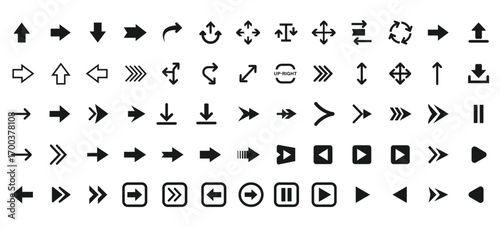 Collection of diverse navigation and action arrow icons for digital interfaces and design