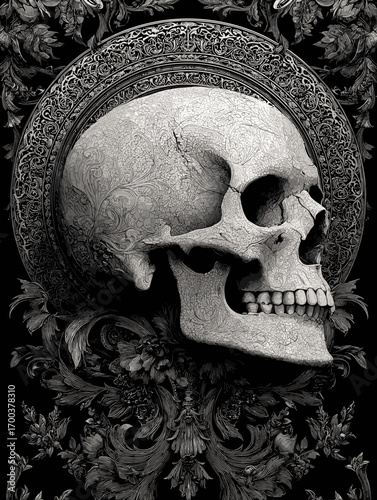 Intricate skull art gothic dark fantasy illustration skull engraving detailed skull ornate skull vintage art