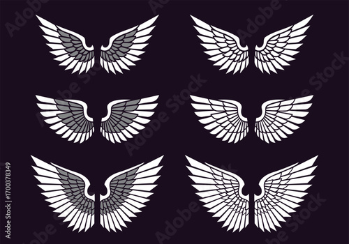 Angel Wings Vector Set for Logo and Emblem Design
Stylized Eagle Wings Icon Collection in White and Grey
White Angel Wings Silhouette for Tattoo and Graphic Design
