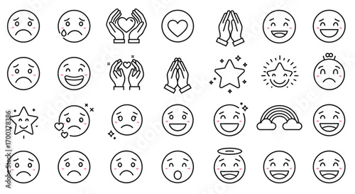 Illustration of emoji sad happy love prayer star rainbow angel face expression emotion feelings icon set