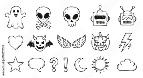 Doodle ghost alien skull robot heart devil wings pumpkin lightning star speech bubble question mark moon sun cloud