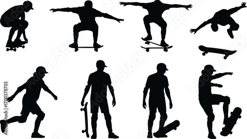 Skateboarder silhouette collection, street skating poses, extreme sport tricks, black vector skaters jumping, standing, riding, holding skateboard