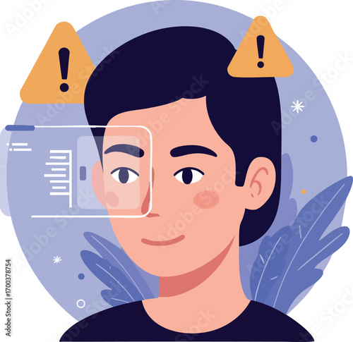 Young man using futuristic augmented reality interface with warning icons and digital data display vector illustration