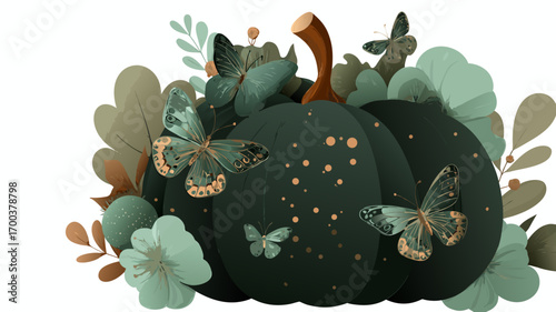 Dark green pumpkins adorned with delicate butterflies and lush foliage create a whimsical Halloween decor background with enchanting autumn vibes and natural elements