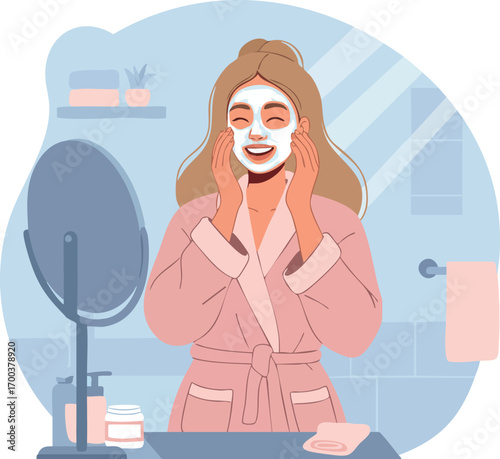 Woman applying facial mask skincare routine in bathroom mirror self care beauty spa vector illustration