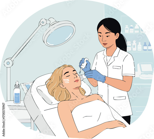 Facial skin treatment by beautician with gloves in spa clinic for woman relaxation and skincare routine vector illustration