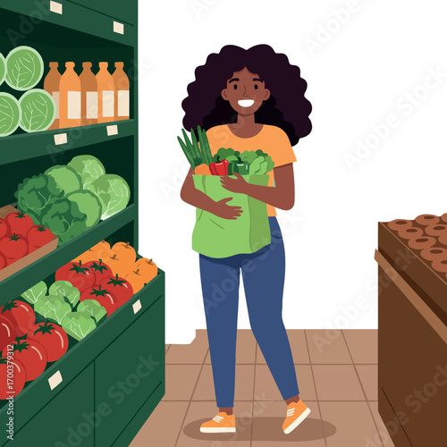 Woman shopping fresh vegetables in grocery store holding green bag with healthy food items smiling happy lifestyle vector illustration