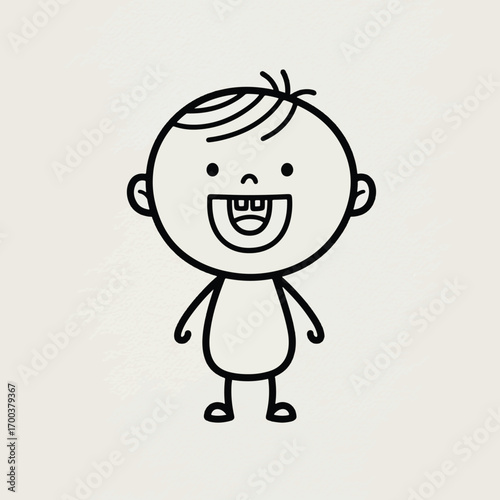 A simple, charming black and white line drawing of a happy baby with a wide, toothy grin.