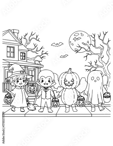 Halloween coloring page vector illustration of children in costumes carrying candy buckets while trick-or-treating at night vector illustration of coloring page
