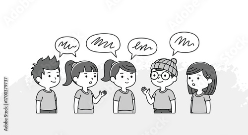 Five cartoon children, two boys and three girls, engaging in a lively conversation with speech bubbles above their heads, depicted in a simple black and white illustration.