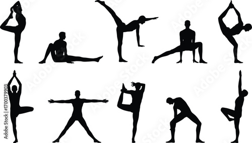 Yoga stretching pose silhouettes, fitness flexibility routine, meditative balance posture, workout vector set, healthy lifestyle, wellness activity clipart