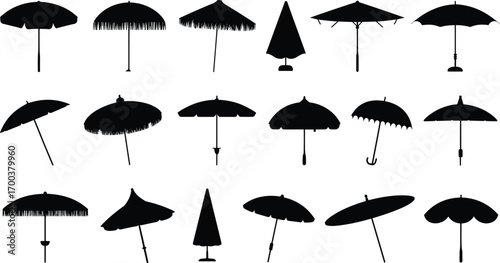 Umbrella silhouettes collection, different umbrella shapes, parasol icons, black vector umbrellas, sunshade and rain protection, various umbrella designs set