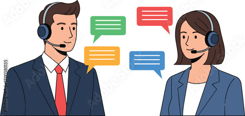 Customer support representatives with headsets and speech bubbles communication illustration