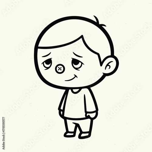 A simple, stylized cartoon drawing of a young boy with a slightly shy or embarrassed expression.