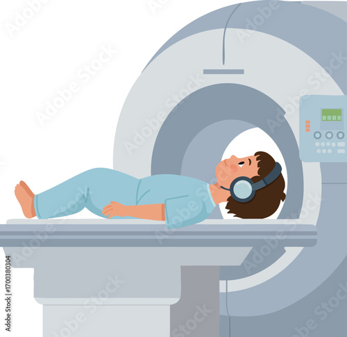 Patient undergoing MRI scan wearing headphones inside modern medical imaging machine vector illustration