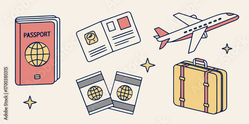 Travel essentials passport, airplane, and luggage icons