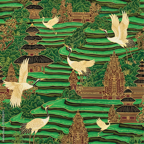 Exotic pattern of rice terraces, pagodas and cranes in a seamless vector design, patern seamless, Stock royalty.