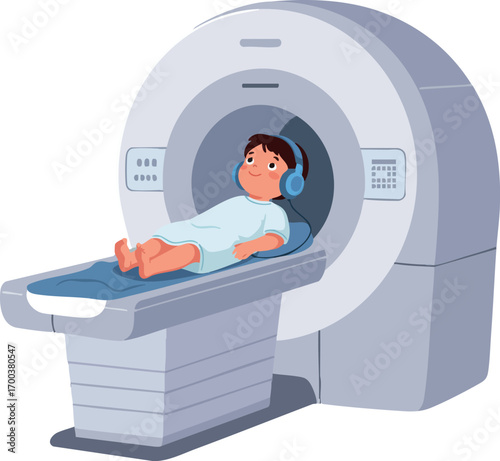 Child undergoing magnetic resonance imaging mri scan in hospital diagnostic machine vector illustration