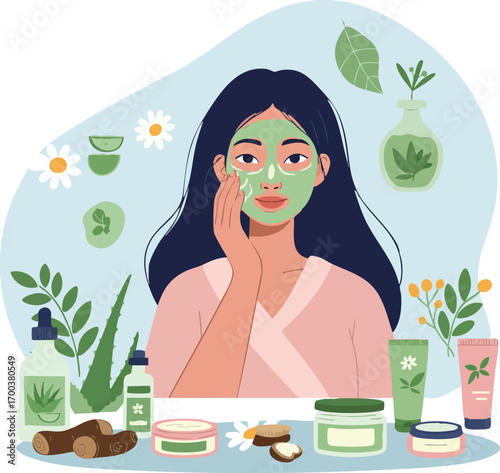 Woman applying natural skincare products with green face mask and herbal cosmetics illustration