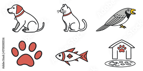 Collection of cartoon pets and petrelated items