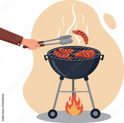 Barbecue grill cooking steak and sausage with flames and tongs outdoor summer cookout vector illustration