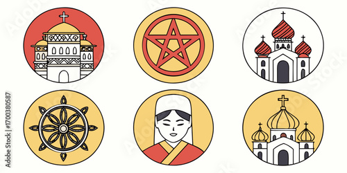 Collection of religious symbols and buildings