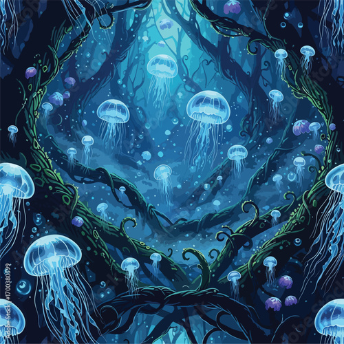 Enchanted underwater forest with bioluminescent jellyfish floating in a blue ocean, seamless pattern, royalty free stock.
