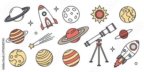 Collection of space elements with planets, rocket, telescope