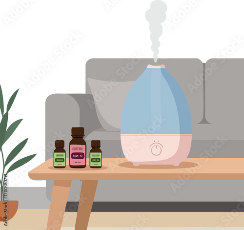 Aroma diffuser with essential oils on wooden table in cozy living room setting natural relaxation and wellness atmosphere
