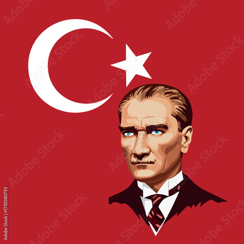 Mustafa Kemal Atatürk portrait with Turkish flag red background vector illustration national symbol design