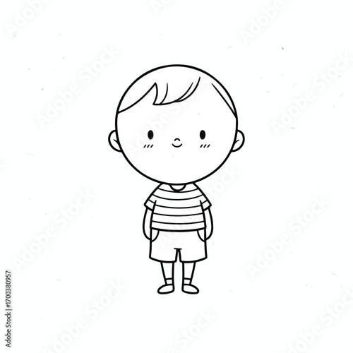 Cartoon boy with striped shirt and shorts, hands in pockets.