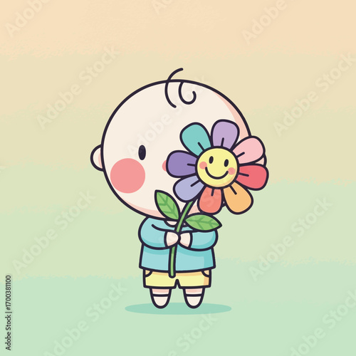 Cute baby holding a large colorful flower.