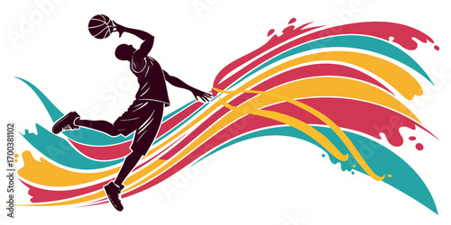 Silhouette of a basketball player dunking with colorful abstract streaks
