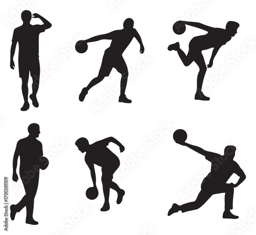 Bowling Player Silhouette Vector Set Sports Ball Game Action Poses Illustration