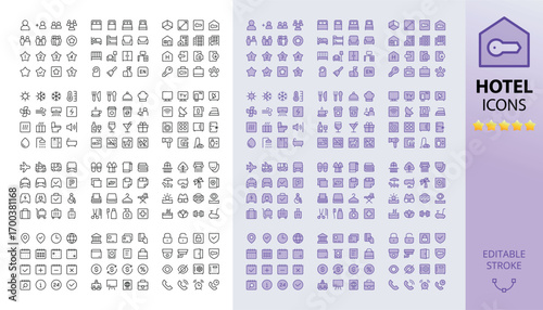 Hotel icon collection - line and duotone style. Hotel management and services, rental property, room booking, hostel, inn, guest house, home rent UI icons for website and app with editable stroke.