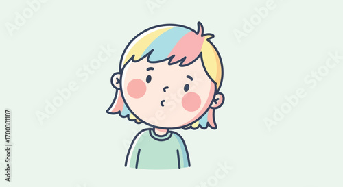 A cute cartoon illustration of a child with colorful pastel hair and rosy cheeks.
