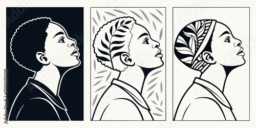 Young woman looking up with different hairstyles and backgrounds