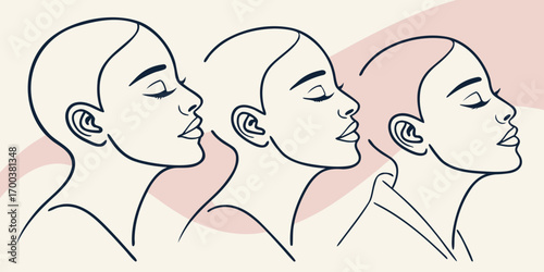 Three stylized female profiles in profile view with closed eyes