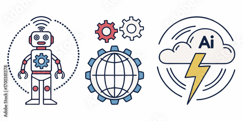 Robot, gears, globe, and ai cloud with lightning bolt