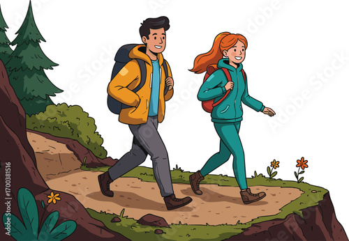 Young couple hiking through mountain forest trail, wearing backpacks and warm clothes, enjoying outdoor adventure and nature, flat vector illustration