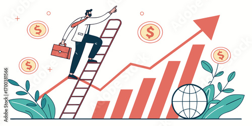Businessman climbing ladder towards financial growth chart