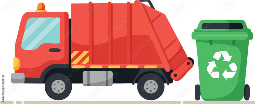 Fototapeta premium Garbage truck with green recycling bin waste management and environmental cleaning vector illustration