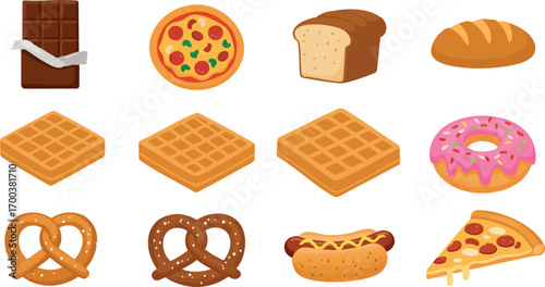 Assorted delicious food icons including chocolate bar pizza bread waffle donut pretzel hot dog and slice vector illustration