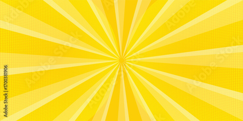 Yellow abstract background with light of sunburst. yellow starburst with halftone. sun ray retro background with flash