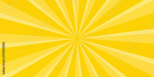 Yellow abstract background with light of sunburst. yellow starburst with halftone. sun ray retro background with flash