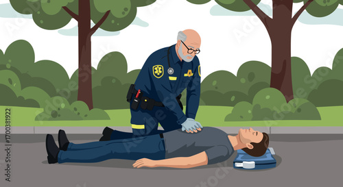 Emergency medical responder performing CPR on unconscious man in urban park setting vector illustration