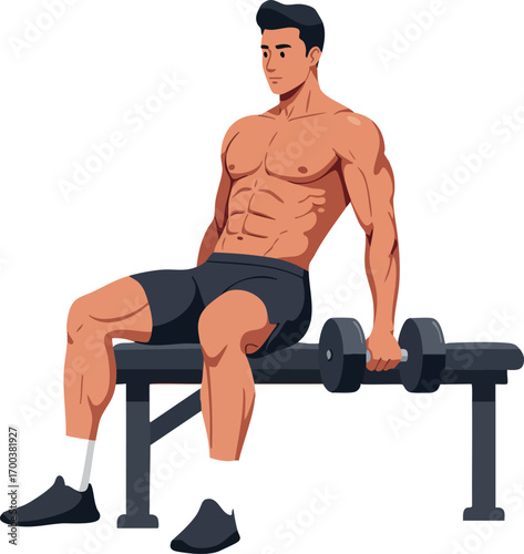 Muscular man sitting on workout bench holding dumbbell fitness training vector illustration