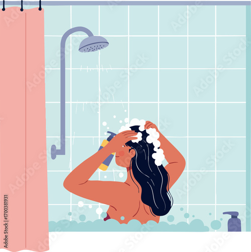 Woman washing hair in bathtub under shower with pink curtain and blue tiles vector illustration